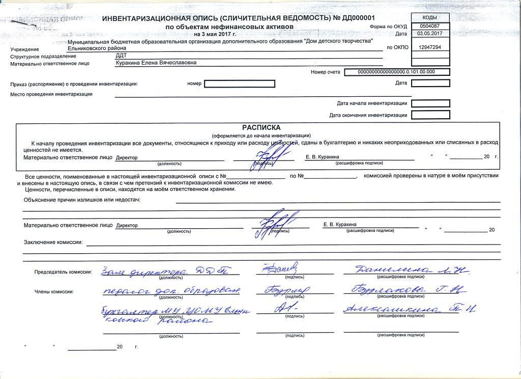 Акт об итогах инвентаризации форма по окуд 0504835 образец заполнения